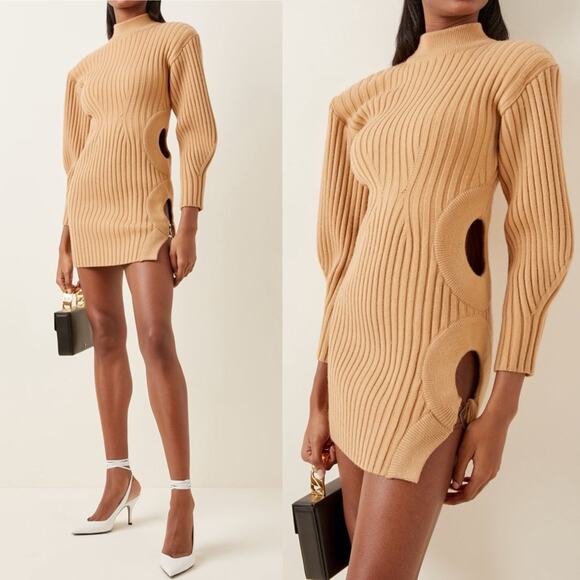 David Koma Camel Side Cutout Ribbed Knit Mini Dress - Picture 3 of 17